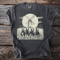 Dark gray t-shirt with four hooded reapers with skull faces in wheat before a windmill and a full moon.