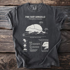 T-shirt graphic detailing the Pink Fairy Armadillo, its features, and biology.