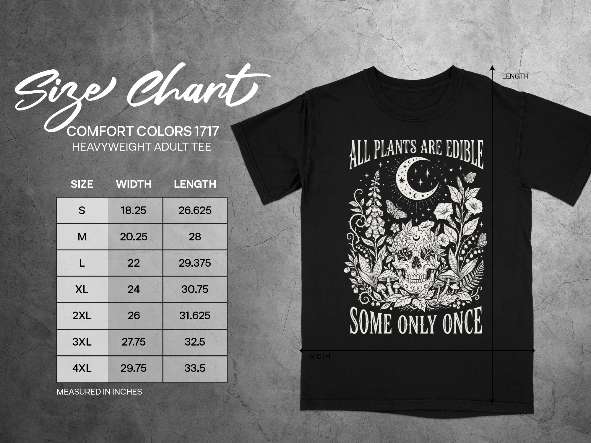 Black t-shirt featuring a skull, plants, moon, and the text "All Plants Are Edible, Some Only Once."
