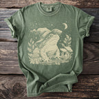 Green t-shirt with vintage frog wearing a witch hat and crescent moon graphic.