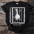 Black t-shirt with a goose behind bars and "got too silly" text.