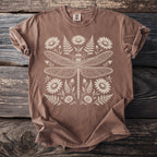 Brown t-shirt with cream-colored dragonfly and botanical print.