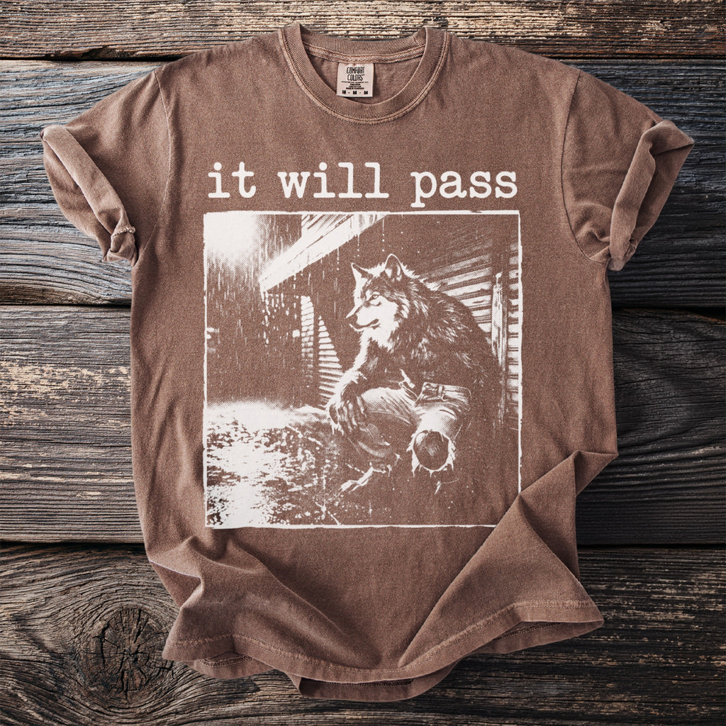 Brown t-shirt with "it will pass" text and a wolf graphic.