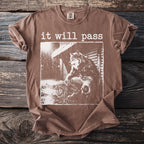 Brown t-shirt with "it will pass" text and a wolf graphic.