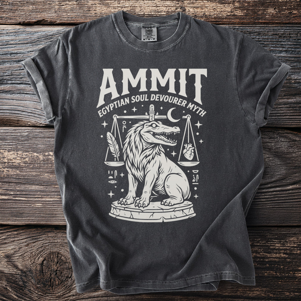 T-shirt with Ammit Egyptian Soul Devourer Myth graphic and scales.