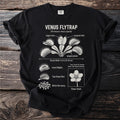 Black t-shirt with Venus Flytrap diagram, showing parts, behavior, and flower detail.