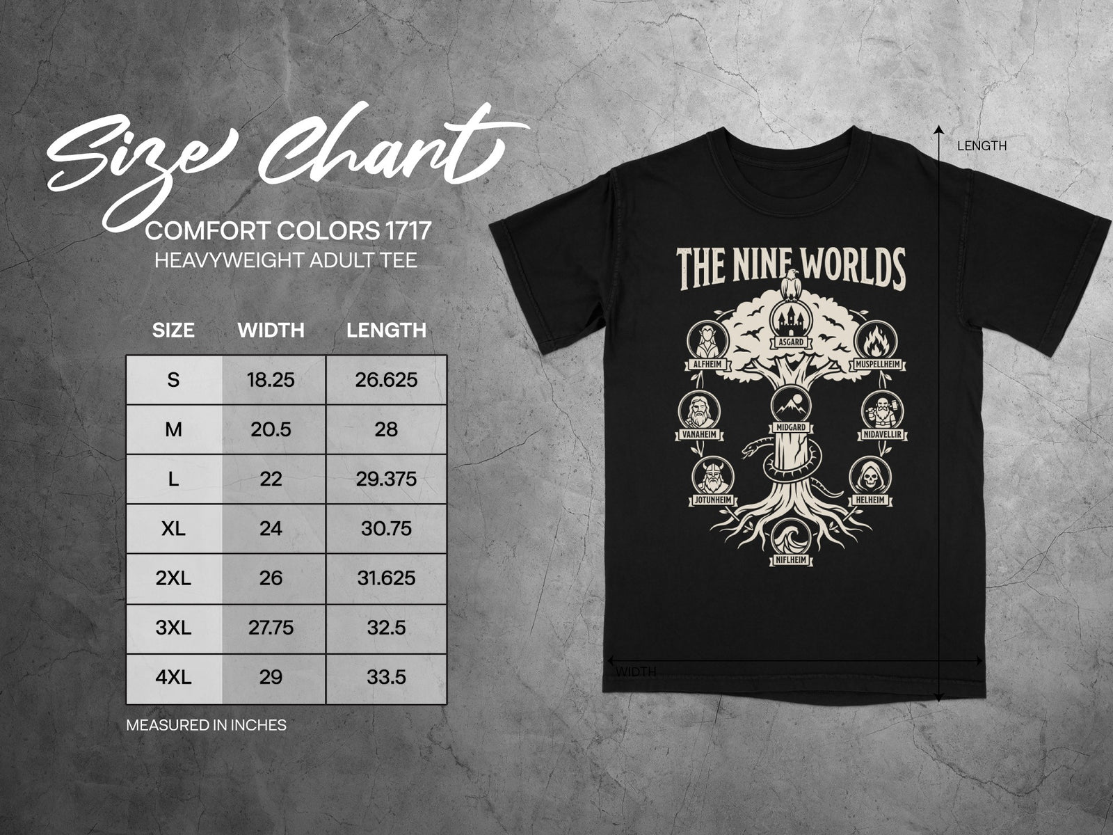 Size chart for Comfort Colors 1717 heavyweight adult tee with nine worlds graphic.