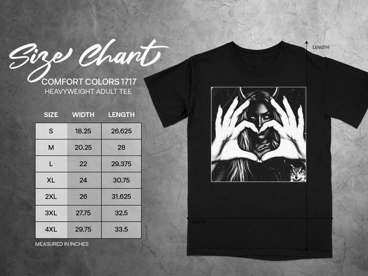 Comfort Colors 1717 heavyweight adult tee size chart with dimensions measured in inches.