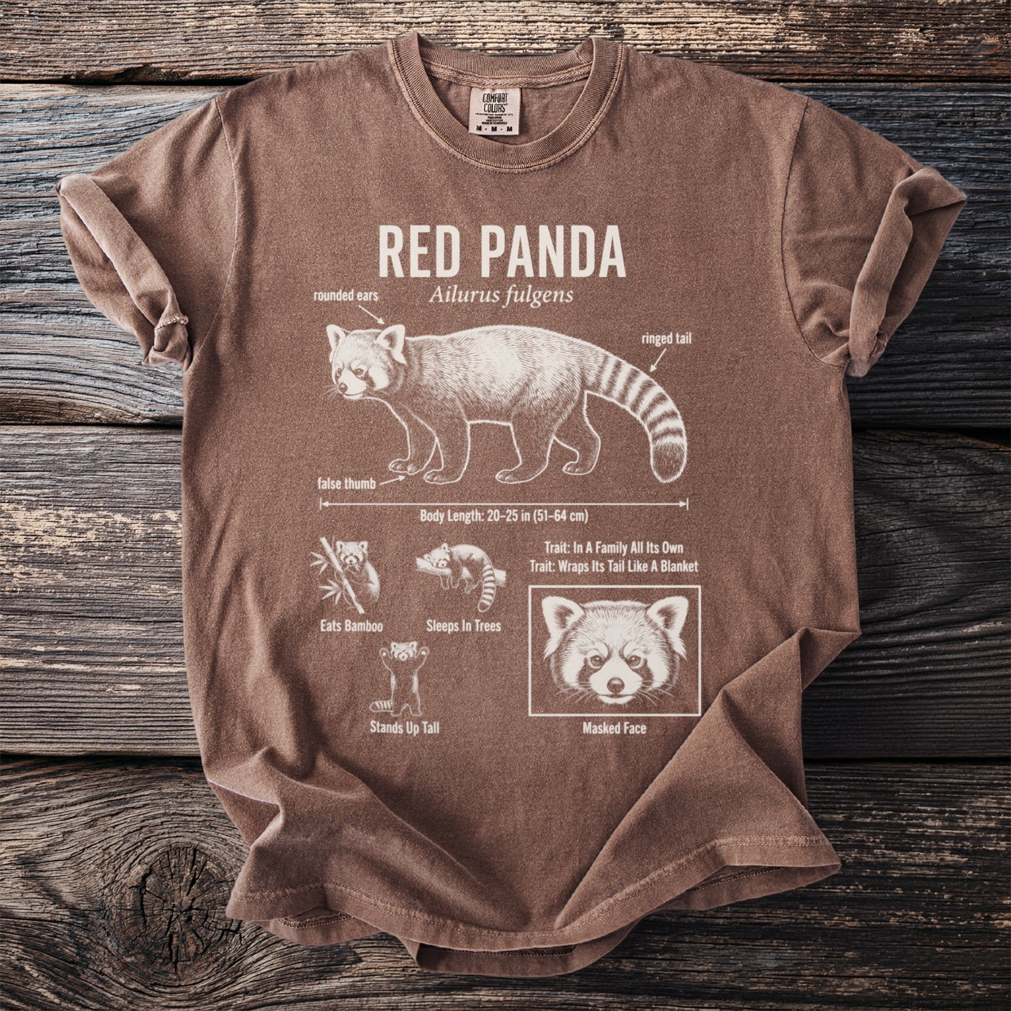 Brown t-shirt with Red Panda anatomical illustration and text details.