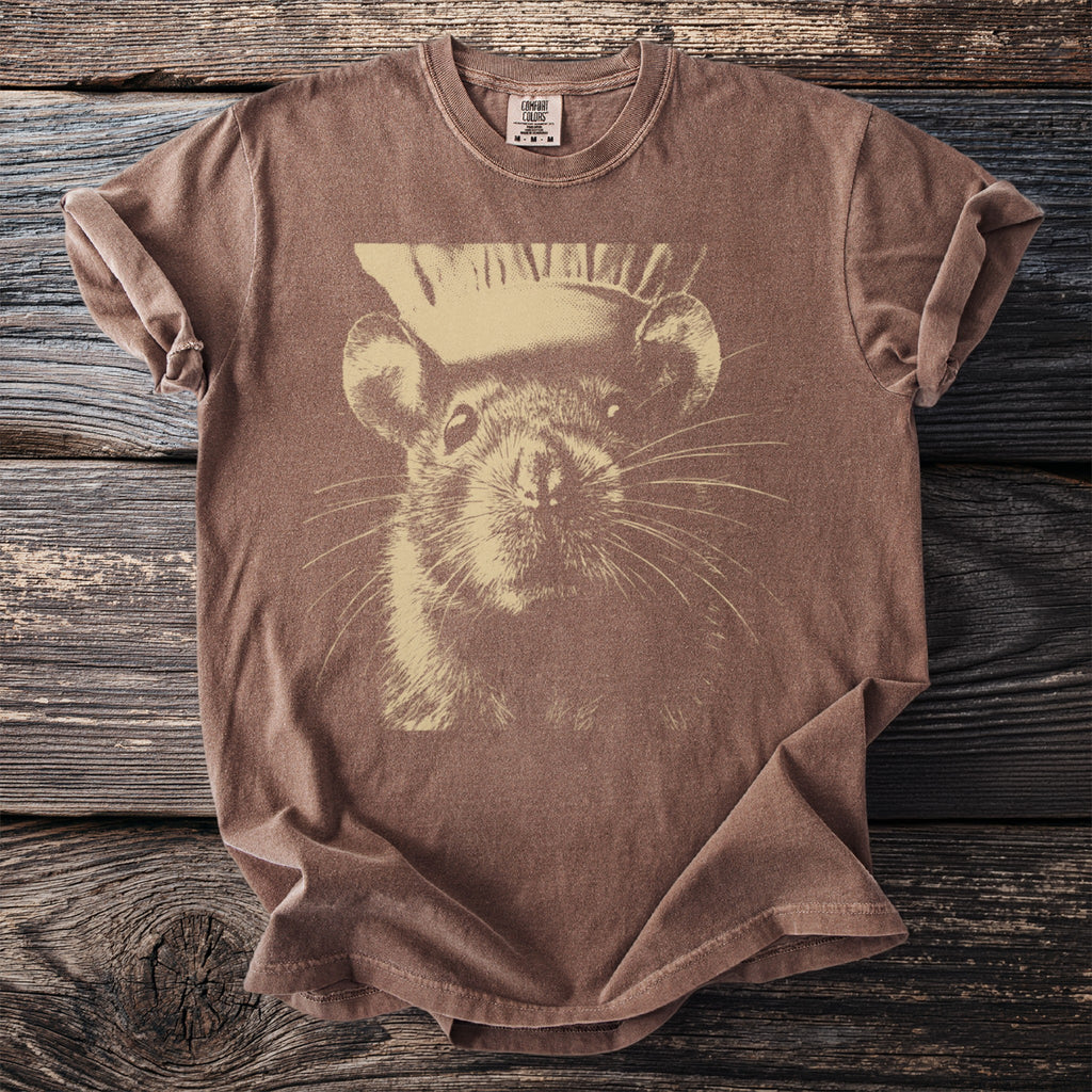 Brown t-shirt with a vintage-style graphic of a rat wearing a chef's hat.