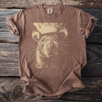 Brown t-shirt with a vintage-style graphic of a rat wearing a chef's hat.