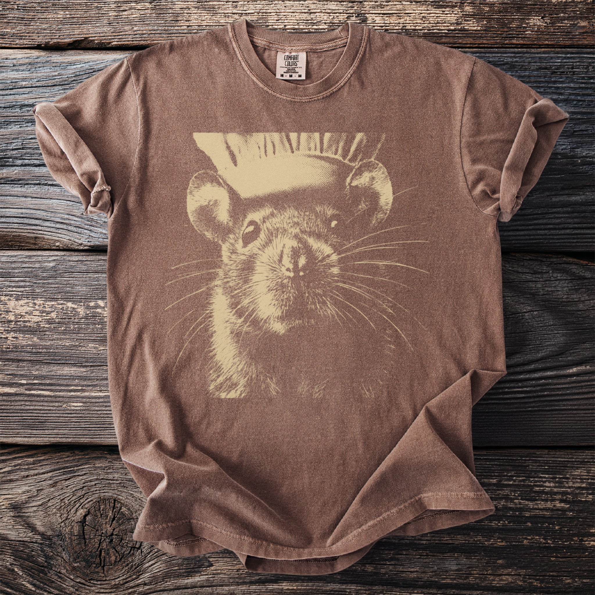 Brown t-shirt with a vintage-style graphic of a rat wearing a chef's hat.