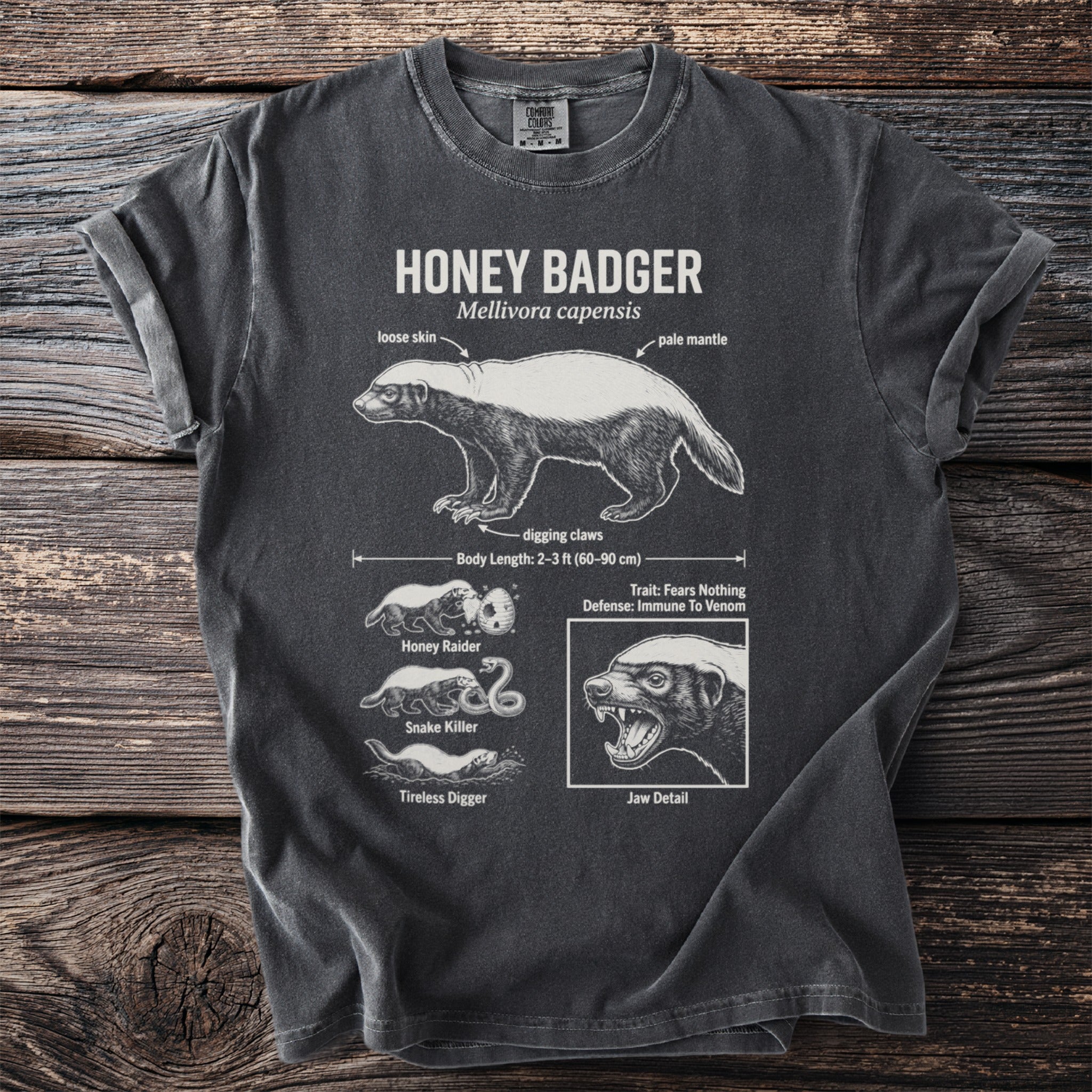 T-shirt graphic detailing honey badger anatomy, behaviors, and traits.