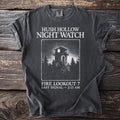 Dark grey t-shirt with Hush Hollow Night Watch and fire lookout graphic.