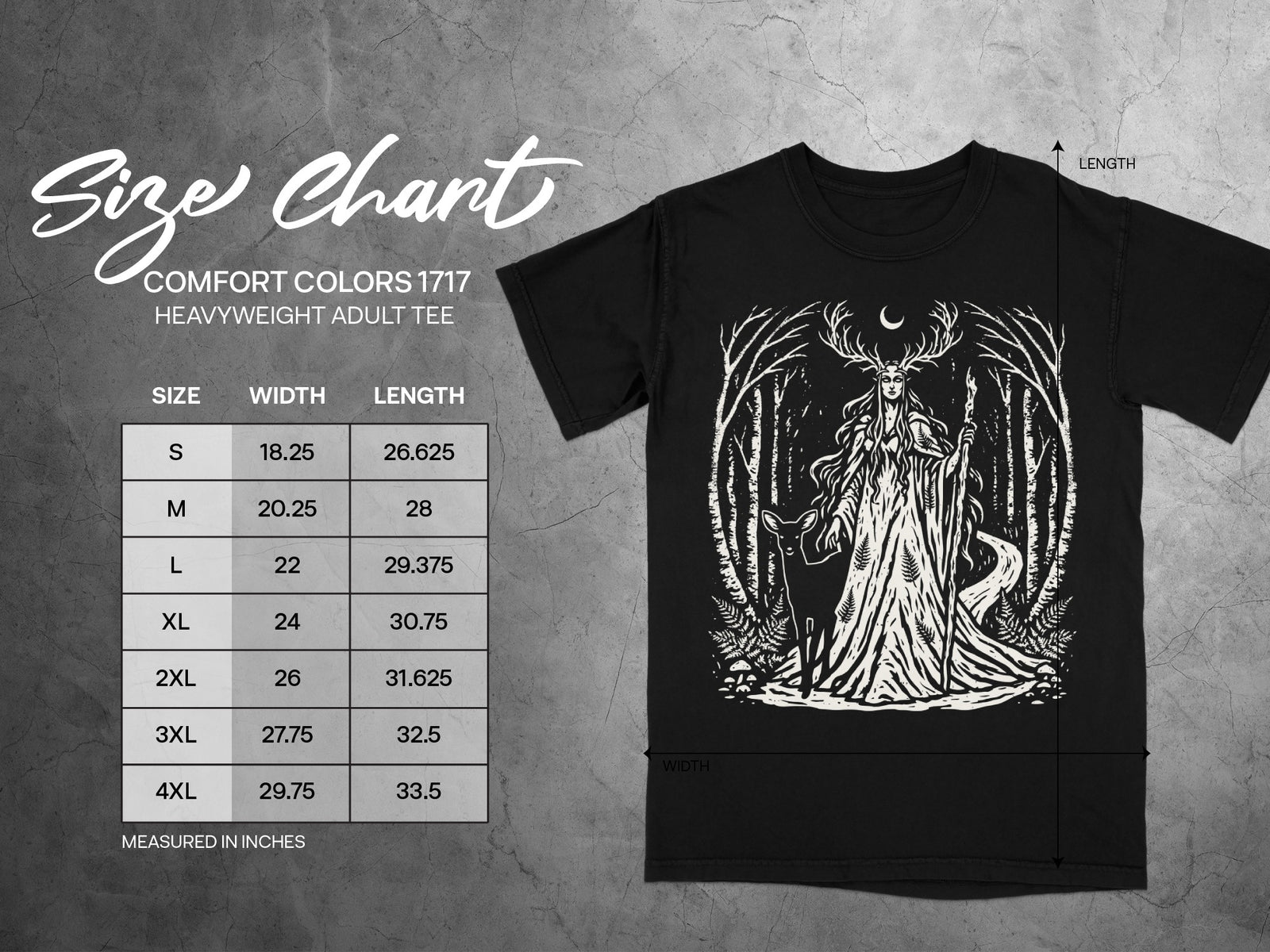 Comfort Colors 1717 heavyweight adult tee size chart with width and length measurements.