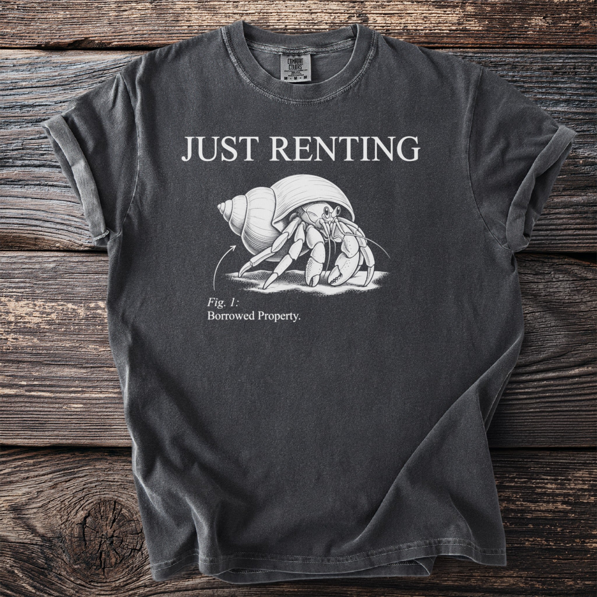 Dark t-shirt with "JUST RENTING" text and a hermit crab labeled "Fig. 1: Borrowed Property."