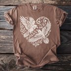 Brown t-shirt with white graphic of two birds within a heart and floral details.