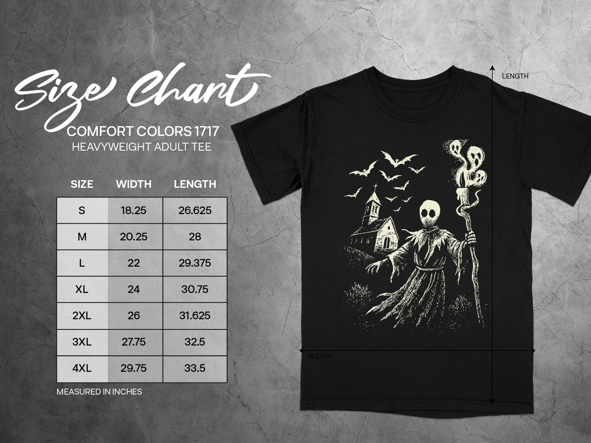 Comfort Colors 1717 heavyweight adult tee size chart with width and length measurements in inches.