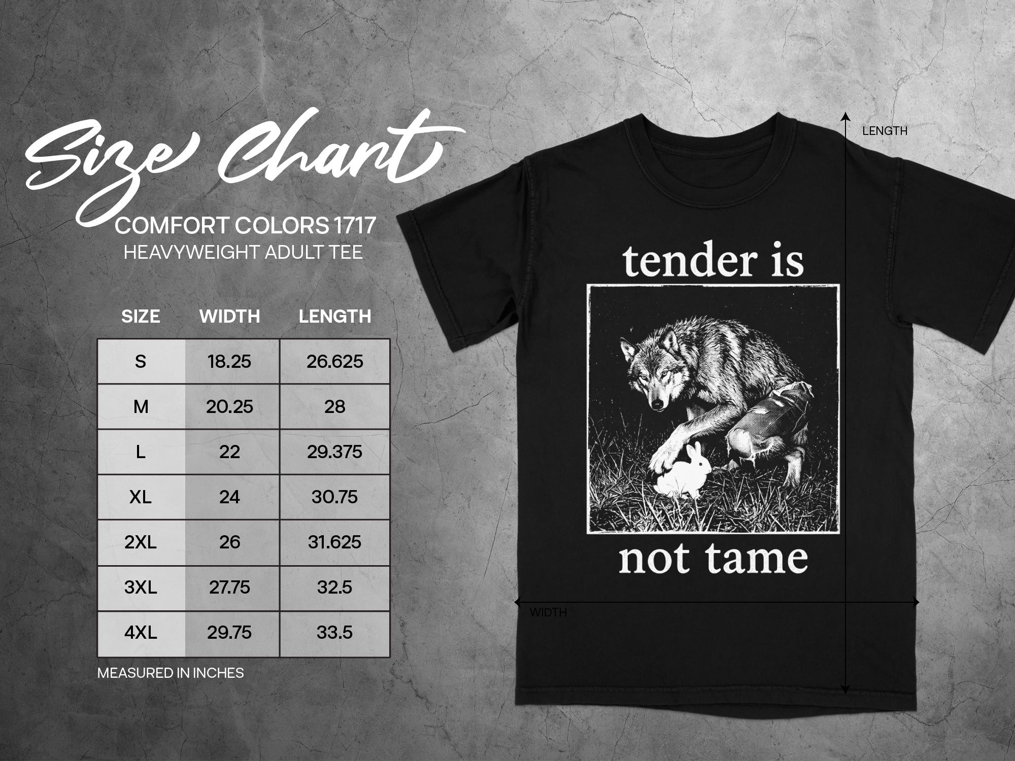 Black Comfort Colors t-shirt with wolf and rabbit graphic and text "tender is not tame".