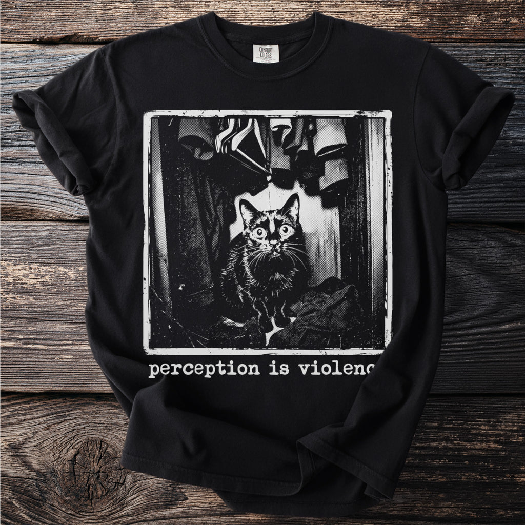Black t-shirt with a graphic of a startled cat in a closet and text "perception is violenc".