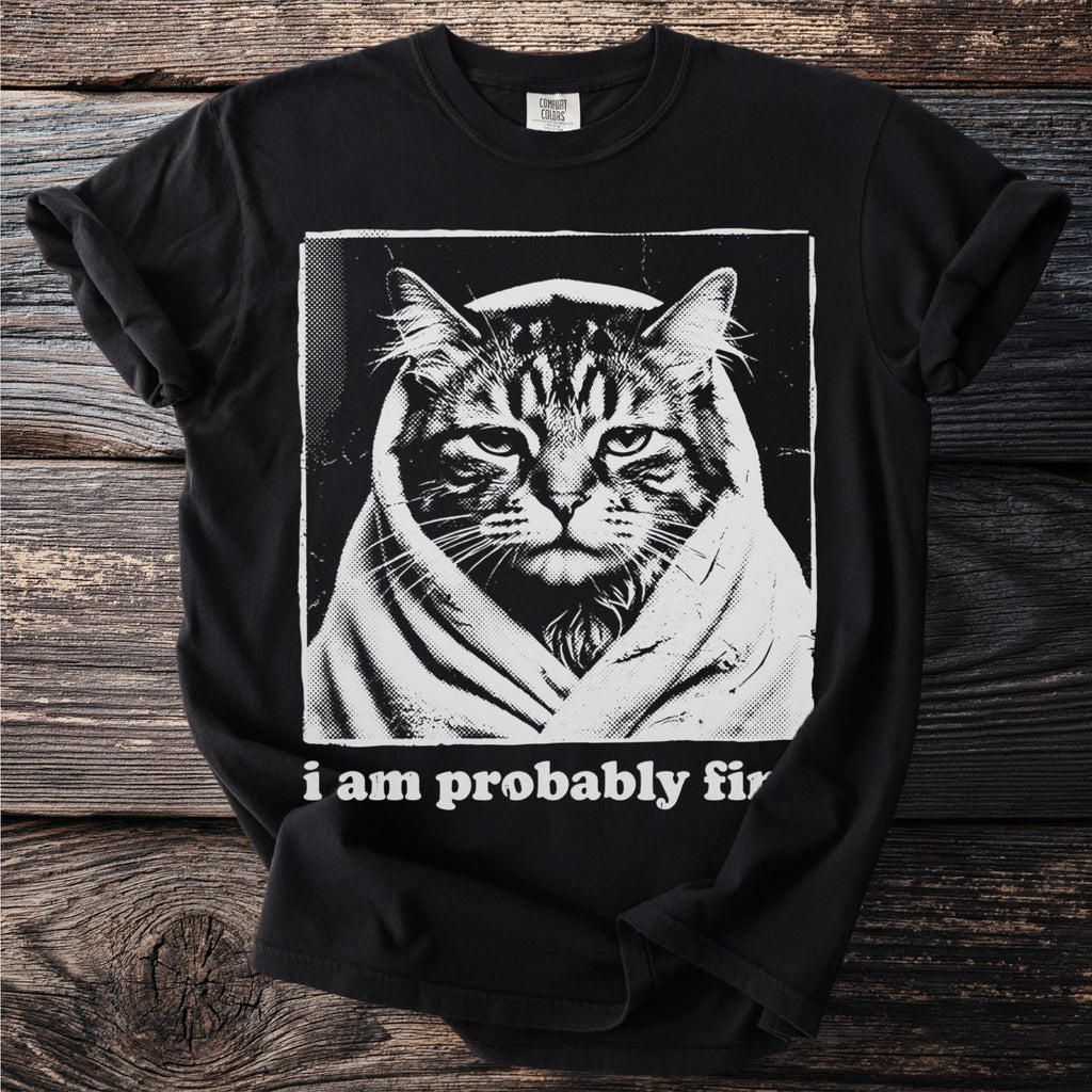Black t-shirt with a halftone print of a cat wrapped in a blanket that says "i am probably fir".
