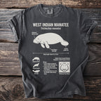 Dark gray t-shirt with West Indian Manatee anatomy diagram and facts.