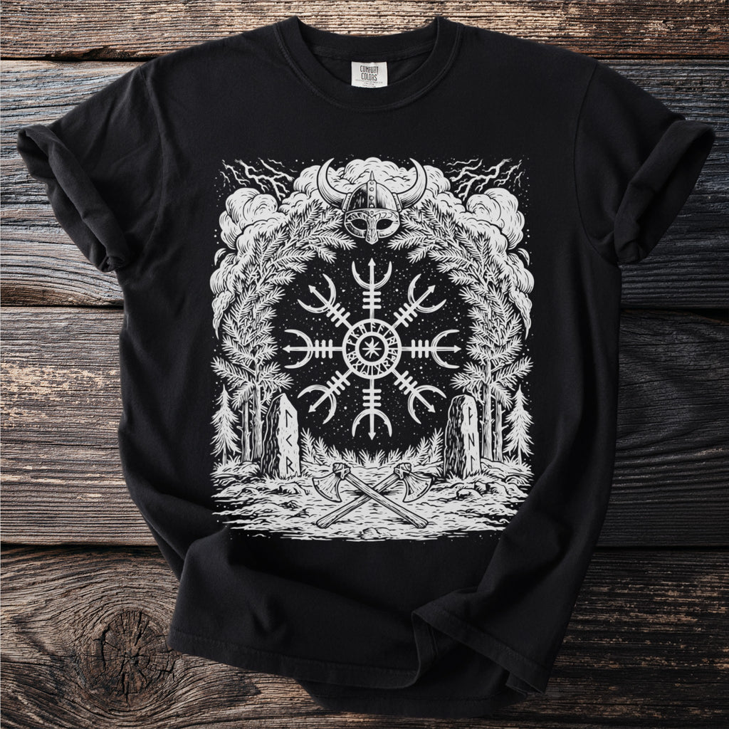 Black t-shirt with a white Viking-themed graphic featuring a helm, runes, axes, and branches.