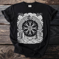 Black t-shirt with a white Viking-themed graphic featuring a helm, runes, axes, and branches.