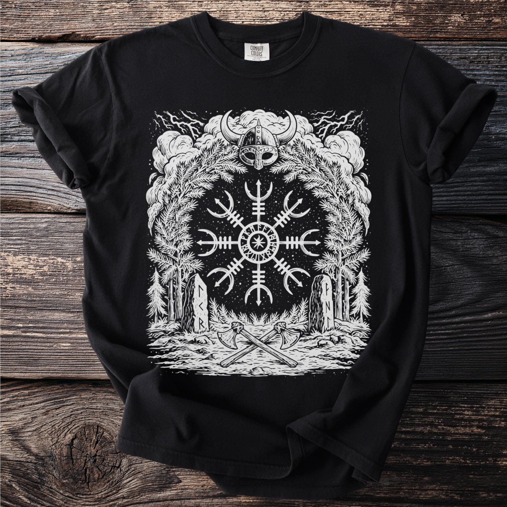 Black t-shirt with a white Viking-themed graphic featuring a helm, runes, axes, and branches.