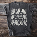 Dark gray t-shirt with white graphic of eight owls and "respect the locals" text.
