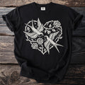 Black t-shirt with a white heart design featuring two birds and roses.