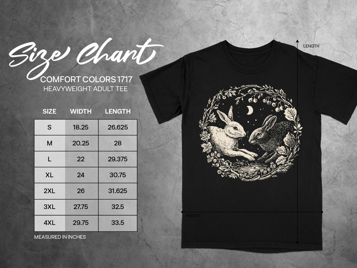 Comfort Colors 1717 heavyweight adult tee size chart with bunny graphic.