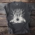 Dark grey t-shirt with a white graphic of a hand, sun, and landscape.