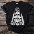 Black t-shirt with pentagram, skulls, bones, and candles graphic design