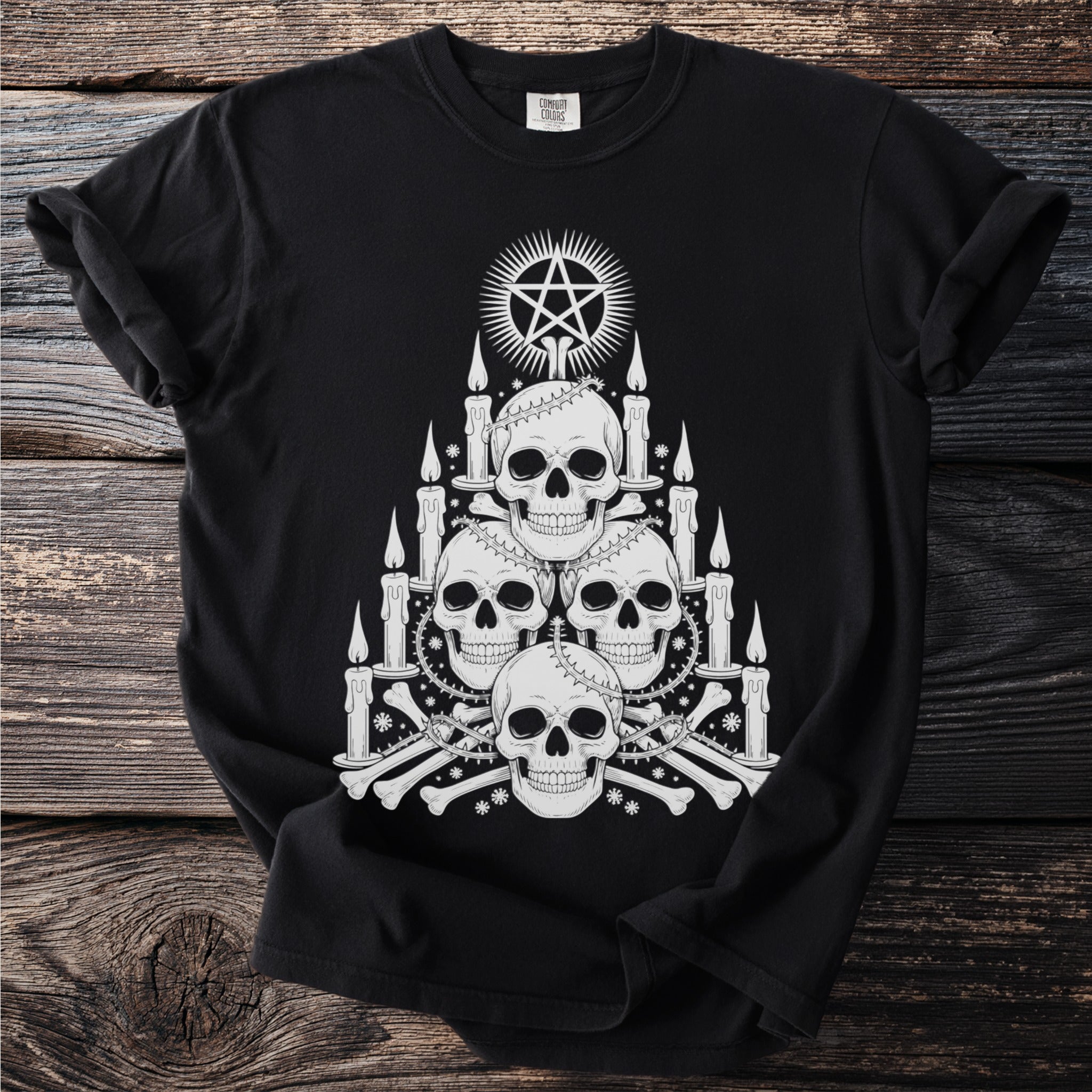 Black t-shirt with pentagram, skulls, bones, and candles graphic design