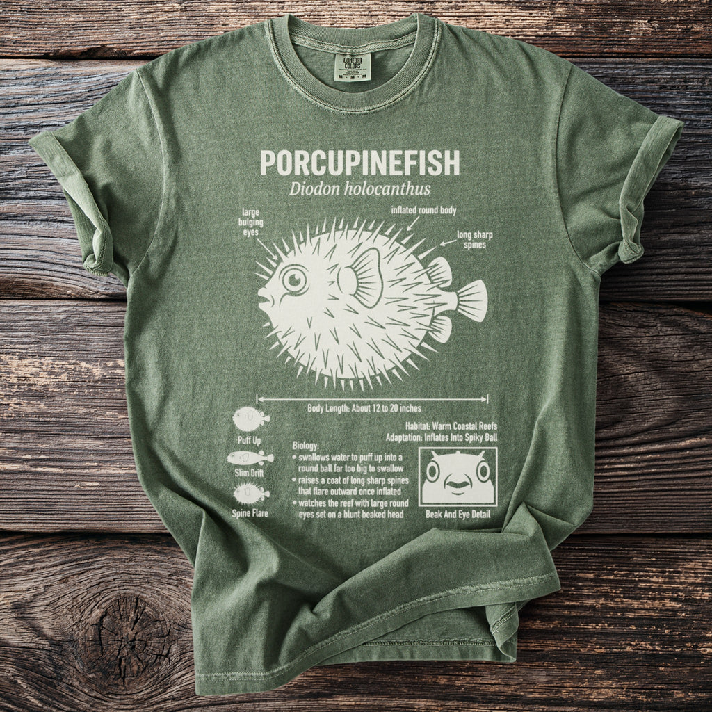 Green t-shirt with a white diagram of a porcupinefish and its biological details.