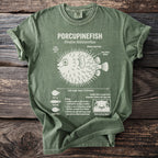 Green t-shirt with a white diagram of a porcupinefish and its biological details.