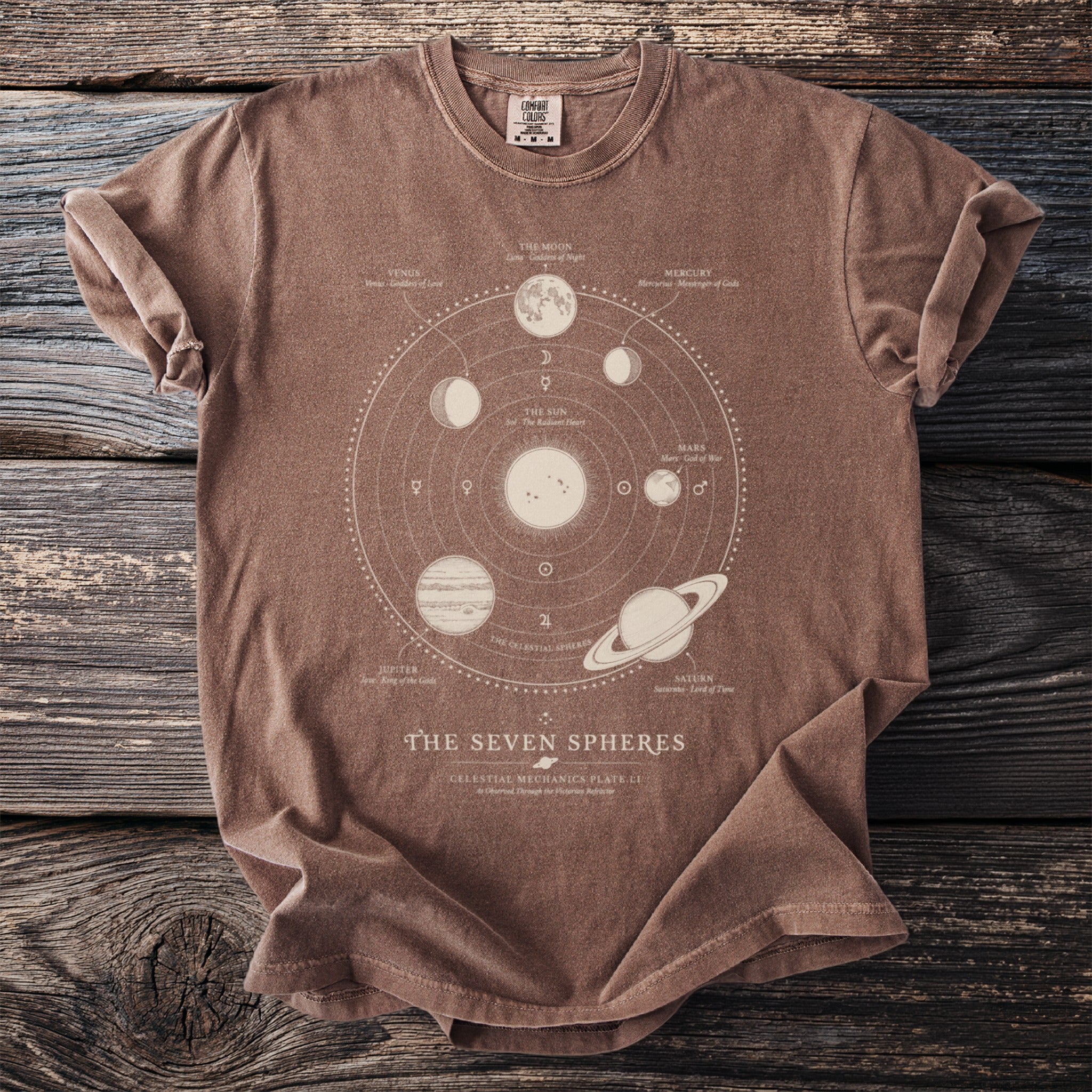 Brown t-shirt featuring a diagram of the seven spheres with celestial bodies and names.