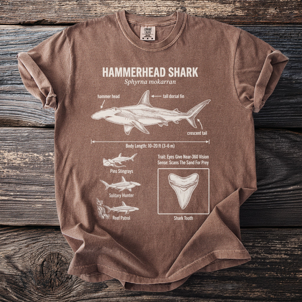 Brown t-shirt with Hammerhead Shark anatomy diagram, length, traits, and shark tooth.