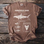 Brown t-shirt with Hammerhead Shark anatomy diagram, length, traits, and shark tooth.