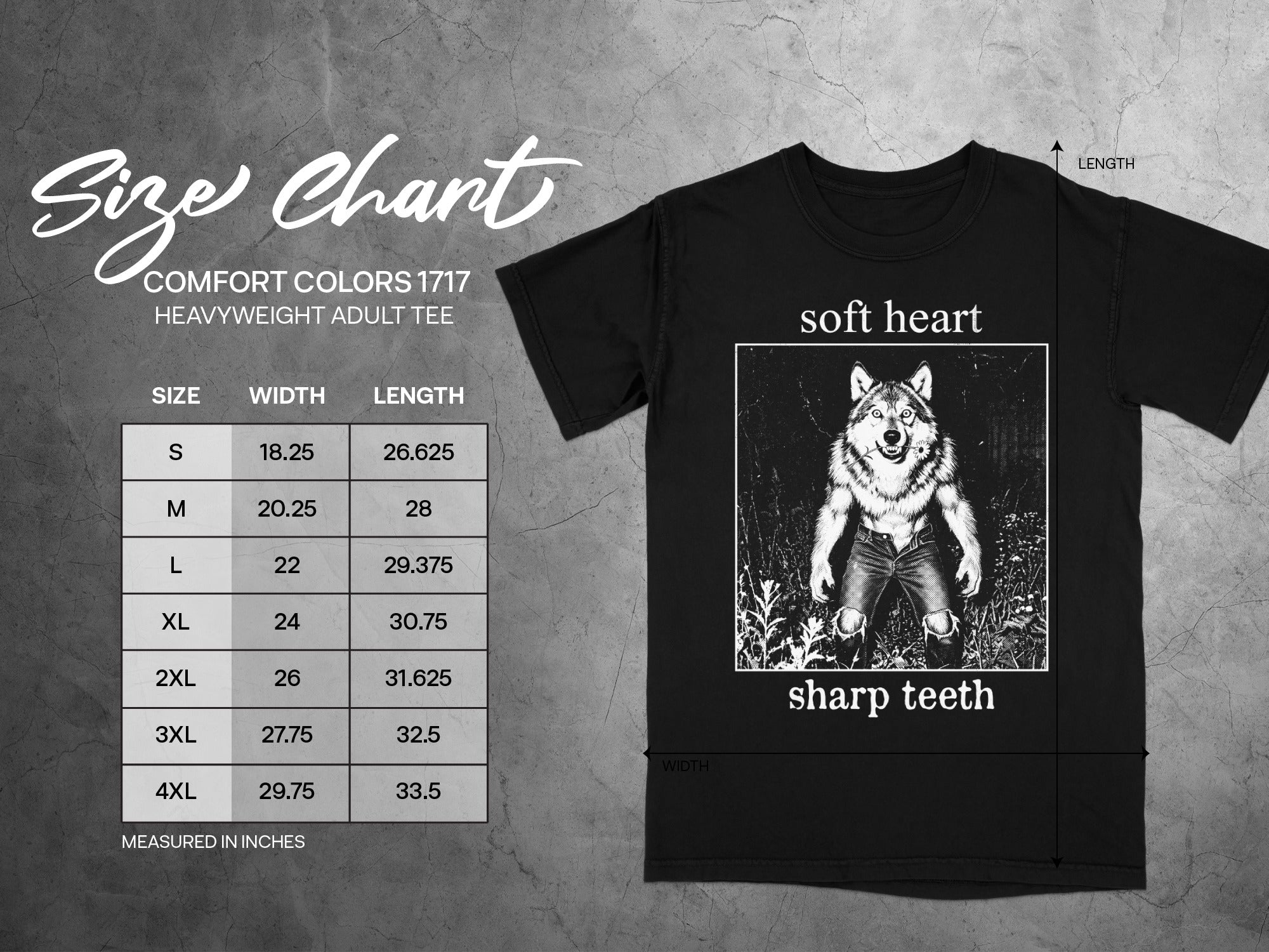 Black t-shirt size chart with wolf graphic and text "soft heart sharp teeth".