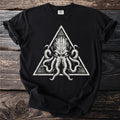 Black t-shirt with a distressed triangle graphic featuring a tentacled creature's head.