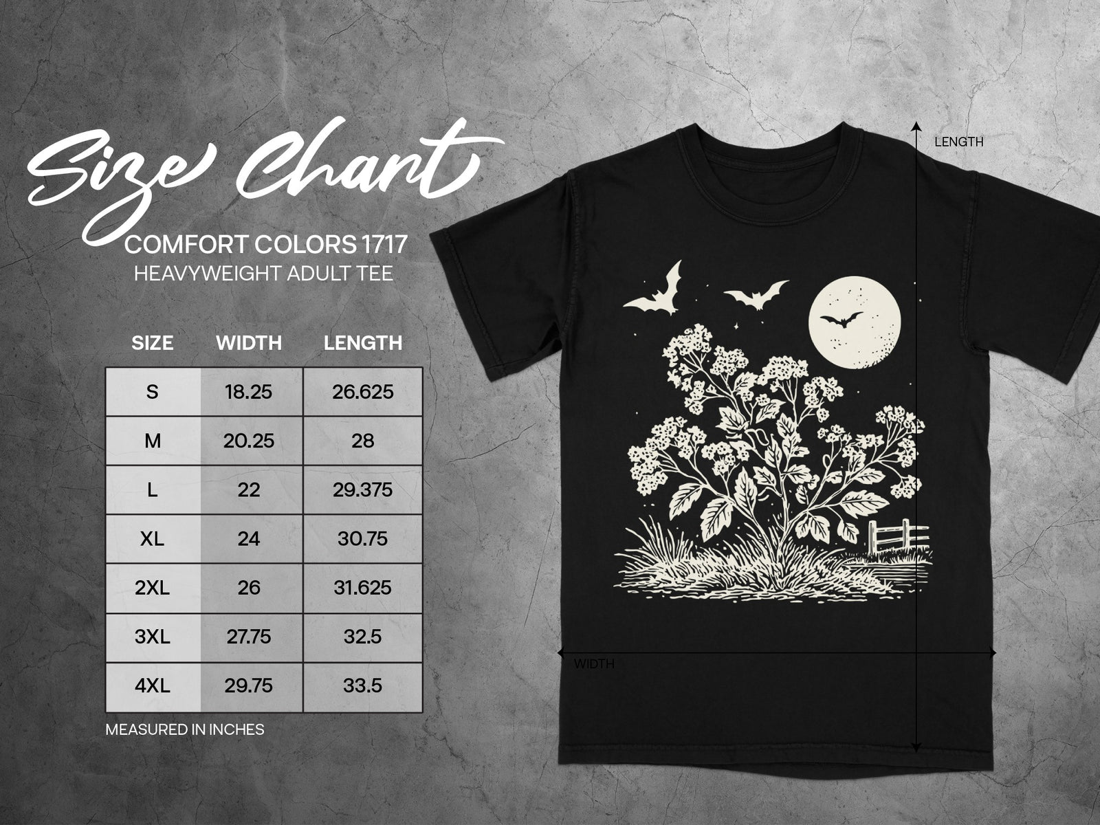 Comfort Colors 1717 heavyweight adult tee size chart with width and length measurements.