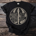 Black t-shirt with circular design featuring a moth, raven, and runes.