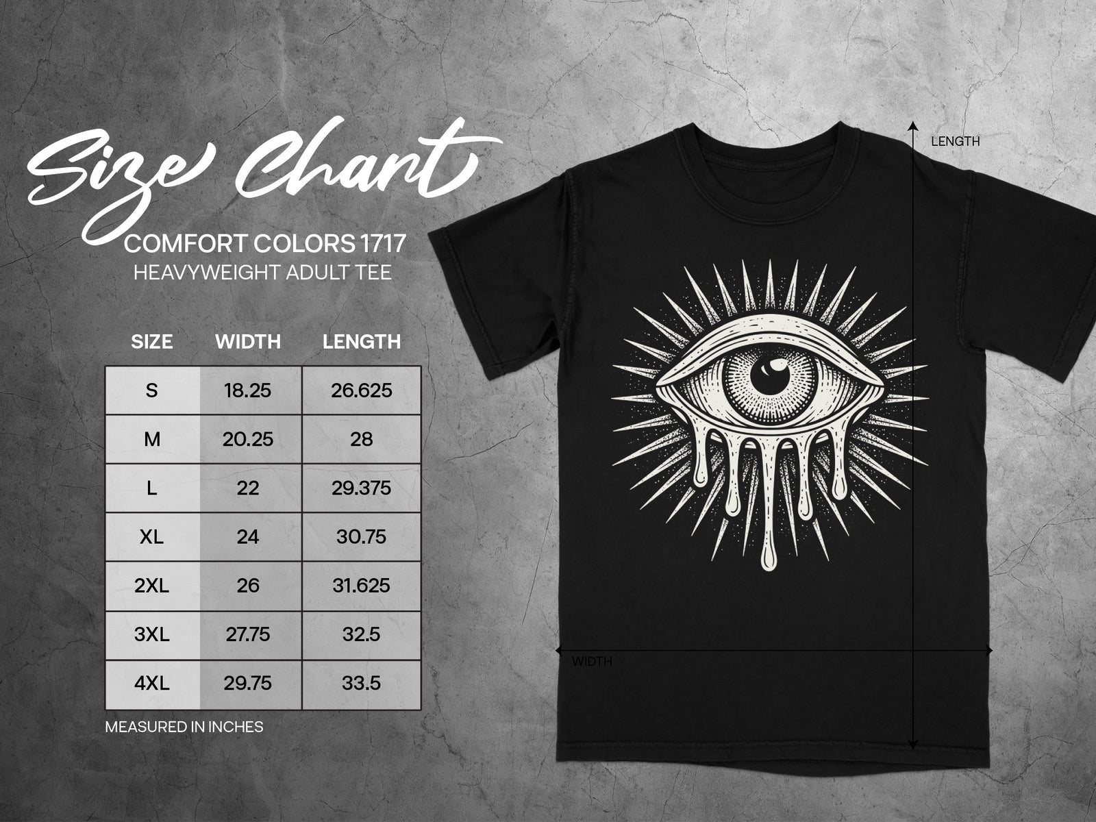 Comfort Colors 1717 heavyweight adult tee size chart with width and length measurements.