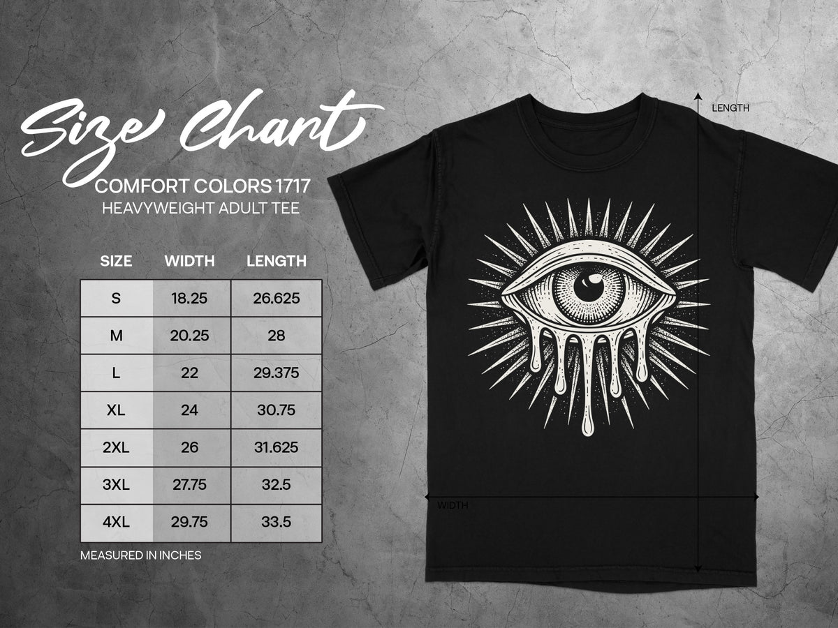 Comfort Colors 1717 heavyweight adult tee size chart with width and length measurements.