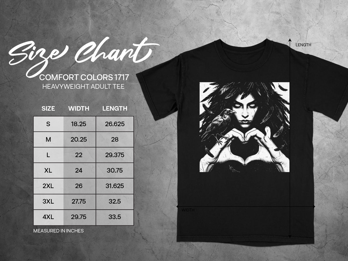Comfort Colors 1717 adult tee size chart with measurements in inches.