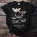 Black t-shirt with moth illustrations and scientific names under "The Midnight Cabinet".