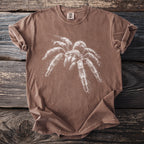 Brown t-shirt with white tarantula graphic and Comfort Colors tag.