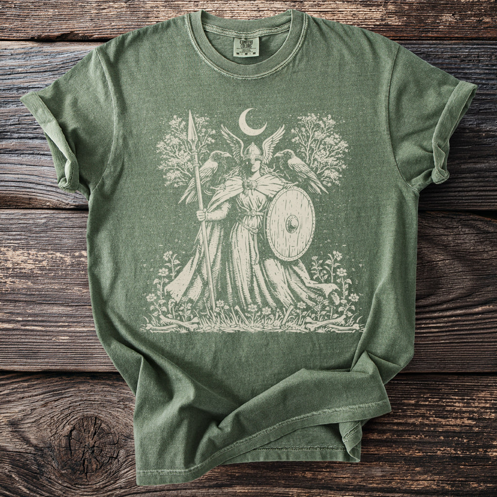 Green t-shirt with Norse warrior, ravens, crescent moon, and trees graphic.